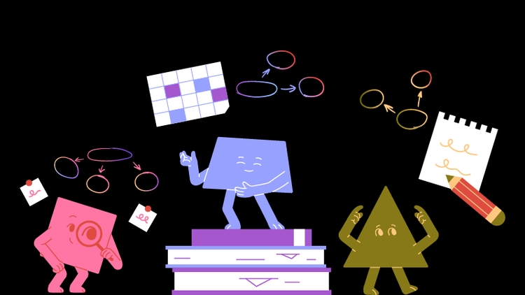 Three different cartoon shapes use the mind mapping technique.