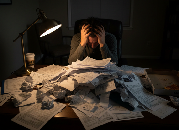 A man sits behind a desk with a pile of tax documents on it, feeling overwhelmed by his taxes and staying organized during tax season.