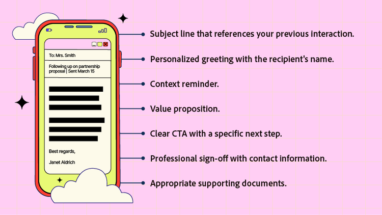 Key components to include in a follow-up email.