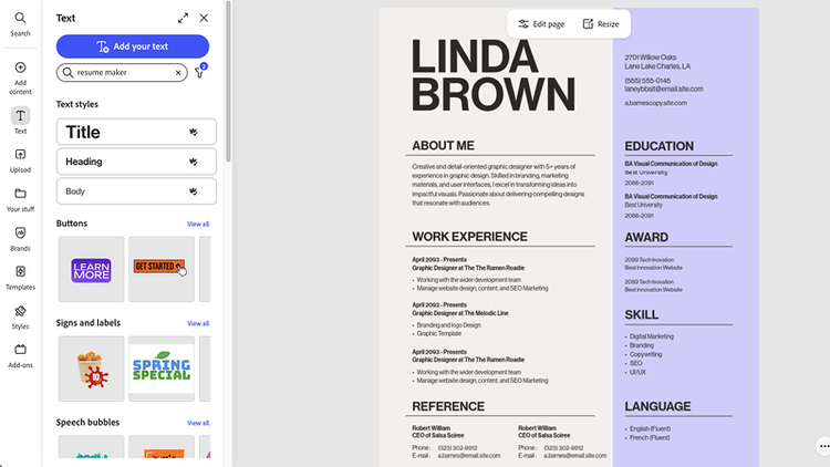 A resume in the Adobe Express design interface.