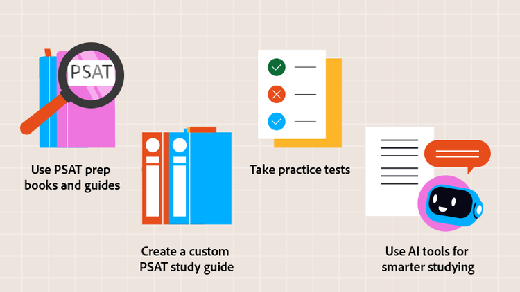 Icons: Books (use PSAT prep books & guides), study guide (create a custom guide), test (take practice tests), and an AI chat (use AI tools).