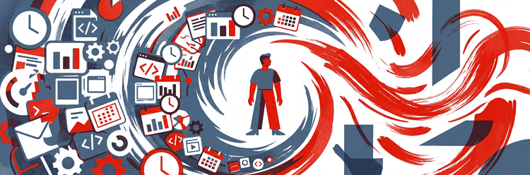 Illustration of a person standing in the middle of a vortex of charts, calendars, clocks, code, and other digital tools that symbolize the difficulties and roadblocks of navigating AI use and adoption in the workplace.