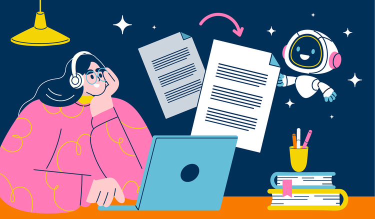 A woman restates a thesis using AI on her laptop.