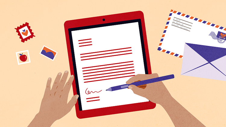 A person writes on a tablet with a stylus, and stamps and a paper letter are on either side of the tablet.