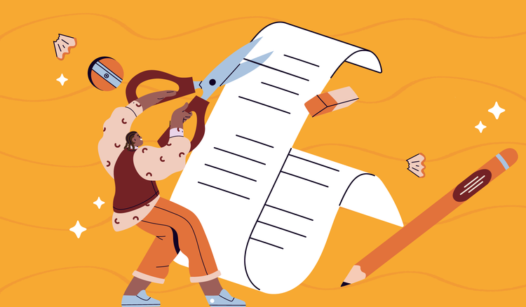 A person cuts down a piece of paper to simplify a sentence.