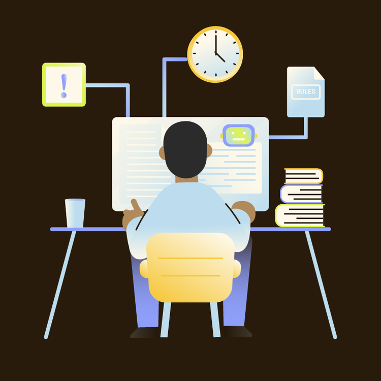 A stressed student sitting at a computer studying, utilizing AI to help with homework.