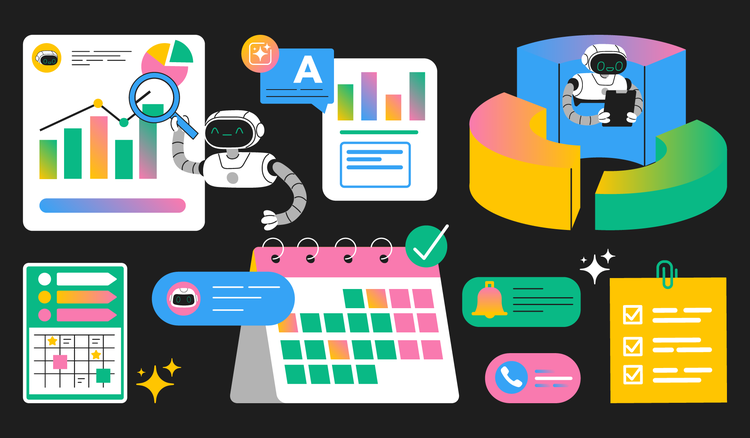 Various AI productivity tool illustrations.