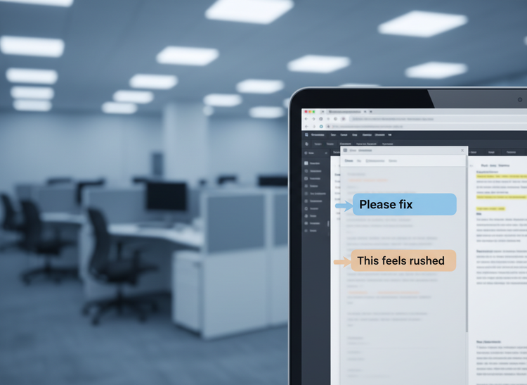 Laptop displaying a document with in-document comments, illustrating respectful feedback etiquette and efficient team collaboration in a modern office setting.