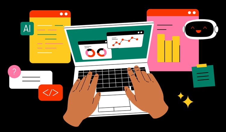 A pair of hands type on a laptop and use AI responsibly at work.