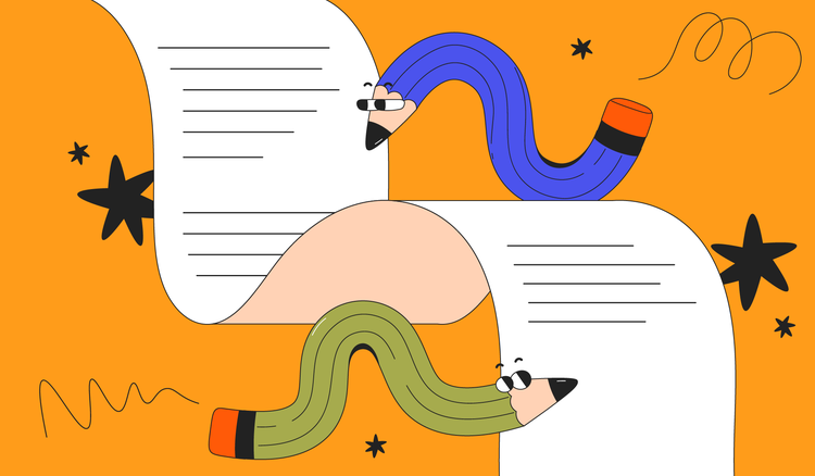 Two cartoon pencils write concisely on a piece of paper.