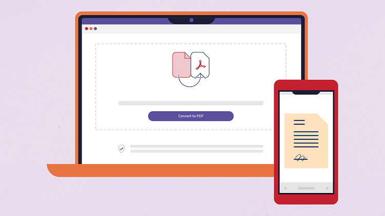 The Acrobat Convert to PDF tool is displayed on a laptop, and next to it, a smartphone displays a document.