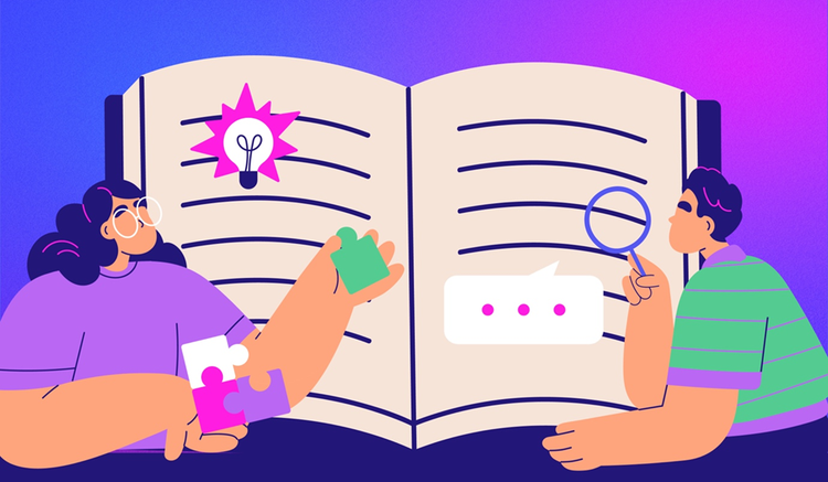 Two people looking at a book learn what the Feynman Technique is.