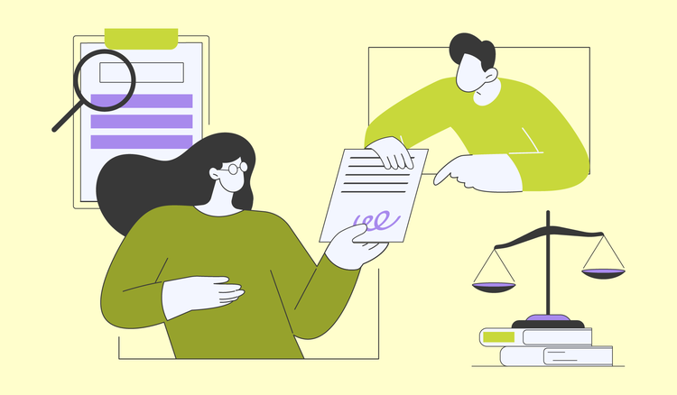 A woman hands a man a document; behind her, a magnified paper. To the right, a scale rests on a stack of books.