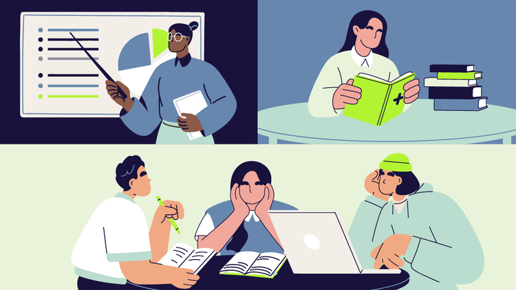 One person stands and points to a whiteboard, another person sits reading, and three other people are at a table together studying and taking notes.