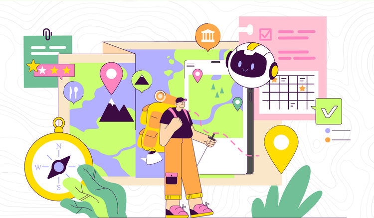 A person with a map, calendar, and a compass in the background uses AI for travel planning.