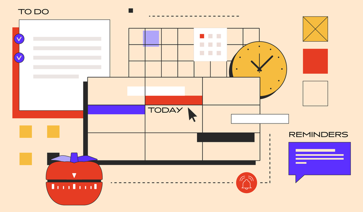 A to-do list, a timer, a planner, a reminder notification, and a clock represent various methods for time management.