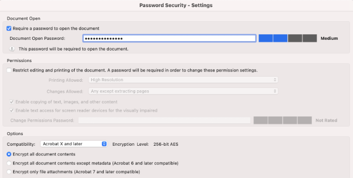 The Password Security Settings menu shows the Document Open password field