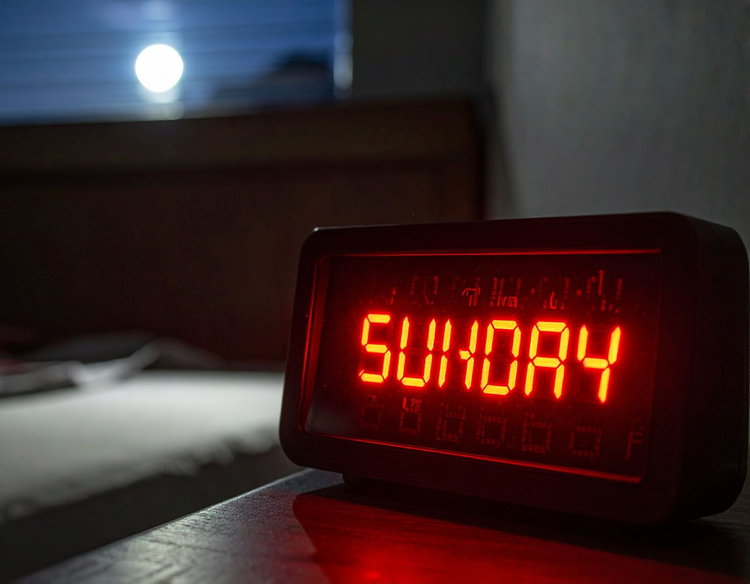 Alarm clock with the word 'Sunday' on it, in a dark room, signifying the Sunday Scaries ahead of a new week.