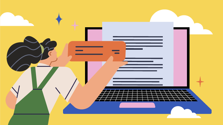 A woman paraphrases a document on her laptop.