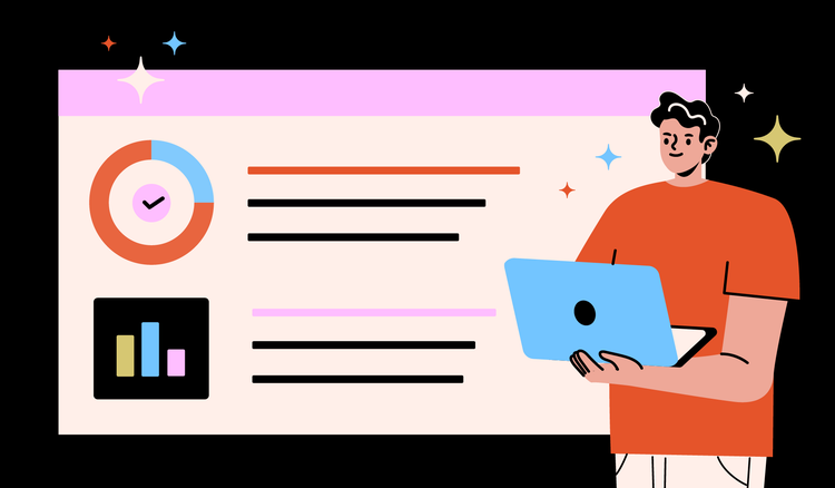 A person holding a laptop creates a sales presentation with AI.