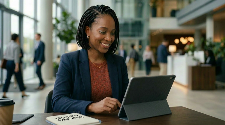 Woman reviews her resume on a tablet in preparation for a job interview.