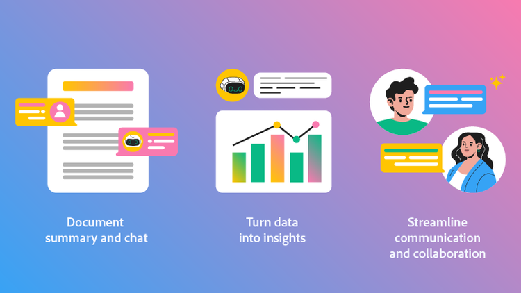 Icons of a document summary and chat, data turned into insights, and two people communicating.