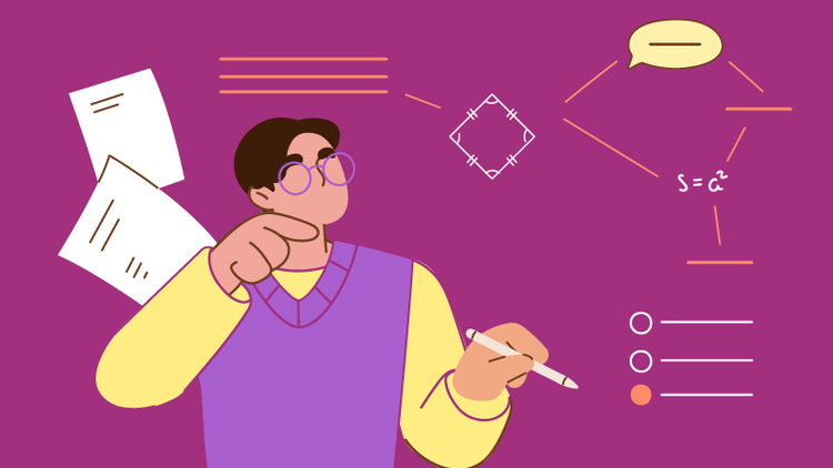 A person with sheets of paper behind them uses active recall to study