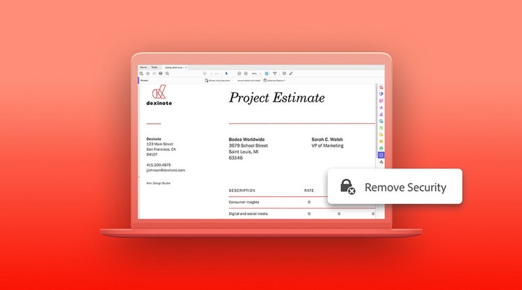 An example of removing the security from a PDF document in Adobe Acrobat