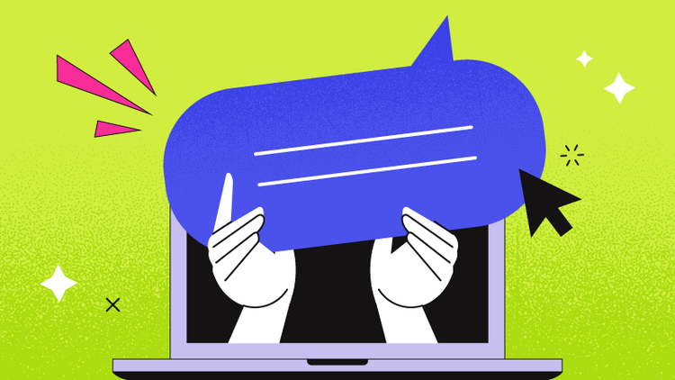Hands reaching out of a laptop hold a speech bubble.