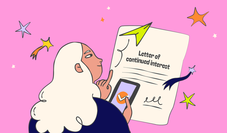 A woman holding a smartphone in her hand reviews a letter of continued interest.