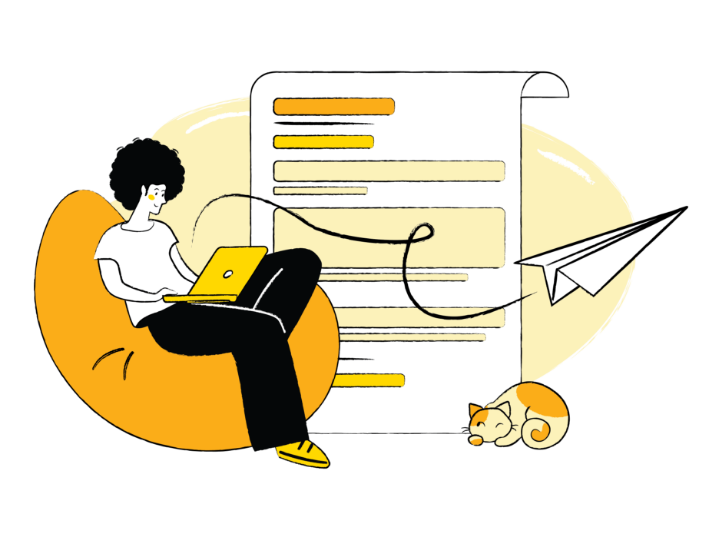 A drawing of a woman sitting on an orange bean bag near a cat using her laptop to send a cover letter.