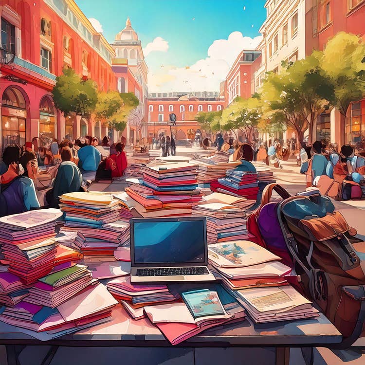 A busy college courtyard with a table piled high with books, a laptop, and a backpack, symbolizing academic workload in a higher education setting.