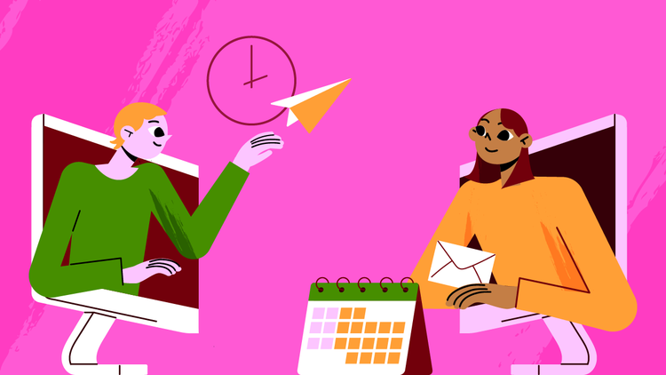 A man sends a follow-up email to a woman after an interview.