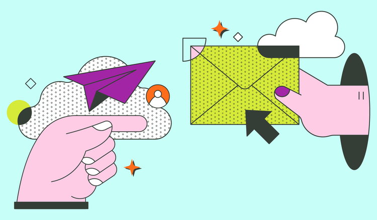 An illustrated hand throws a paper airplane, and another hand holds out a letter.