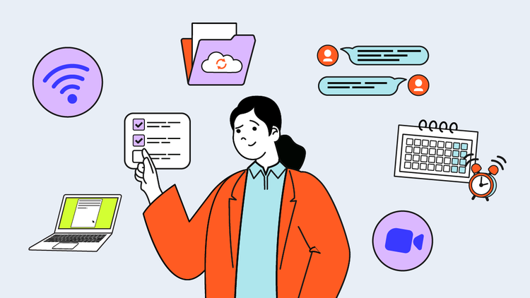 A person is surrounded by different icons representing key elements of online study groups.