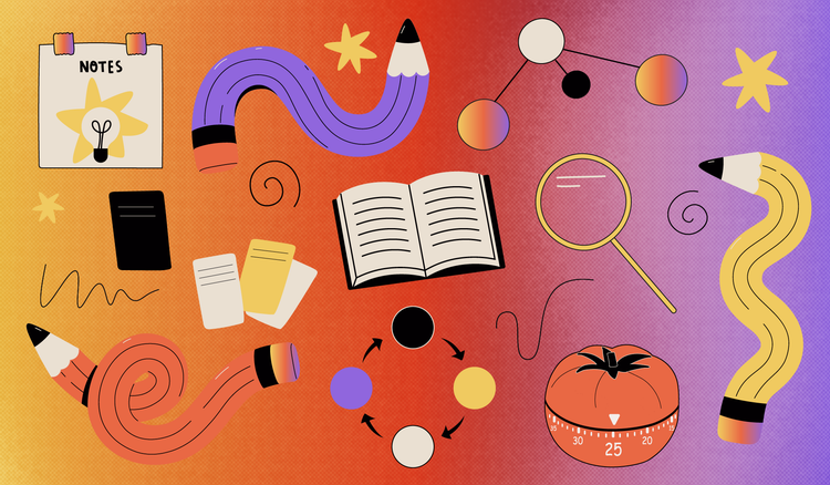 Notes, pencils, flashcards, a magnifying glass, a book, a timer, and more study tools are shown.