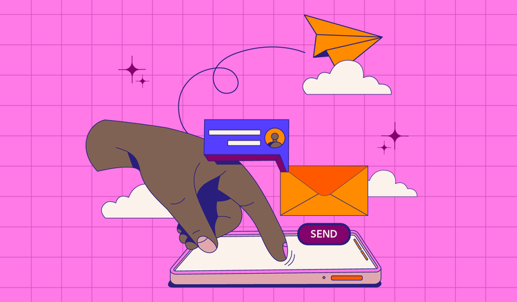 A hand types a professional email on a tablet device.