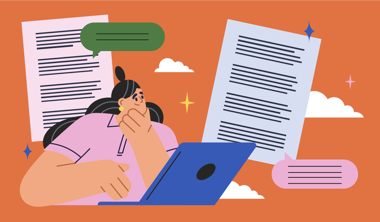 A woman typing on her laptop paraphrases documents.