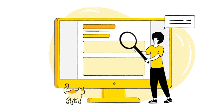 A drawing of a woman holding a magnifying glass toward a cover letter on a computer screen, with a cat observing.