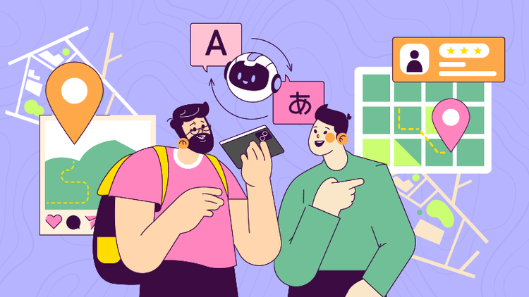 A man standing next to another man uses AI for travel planning.