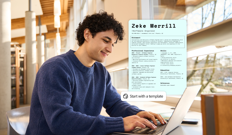 A man working on a laptop to create a resume from a template.