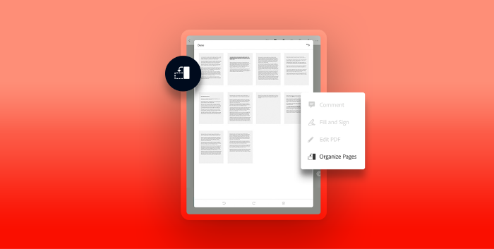 Mockup of a tablet editing a PDF with the Organize Pages icon and dialog box overlaid