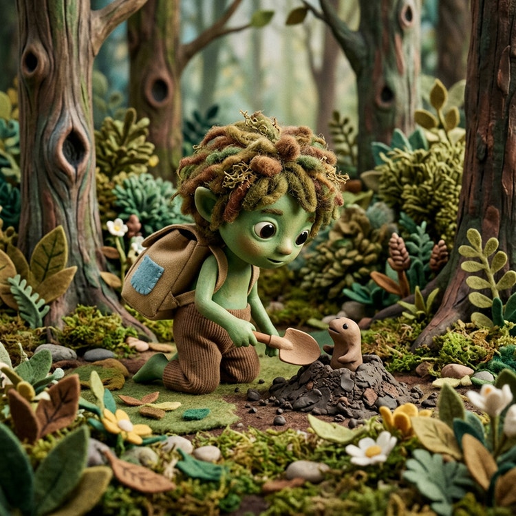 رسم بأسلوب تقنية إيقاف الحركة حديث لكائن غابة أخضر صغير يركع بجانب نبتة صغيرة ناشئة في غابة كثيفة. وللكائن شعر يشبه الطحلب وحقيبة ظهر بنية، ويربت بلطف على التراب حول البرعم بمجرفة صغيرة. بُنى يدوية الصنع ونباتات مصغّرة وتفاصيل منحوتة بعناية تخلق مشهدًا لمسيًا دافئًا بعمق ودفء.