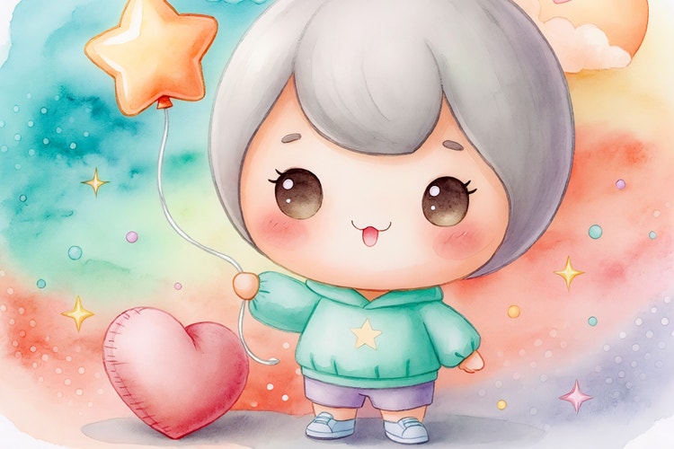 رسم توضيحي بأسلوب التشيبي لطفل بشوش برأس كبير وجسم صغير وعيون واسعة لامعة، يمسك بالونًا على شكل نجمة. الطفل ذو شعر فضي قصير، يرتدي سترة خضراء مائية مع نجمة صفراء وشورت وردي، ويقف بجانب قلب وردي ناعم. تنشئ الألوان الباستيلية الهادئة والأشكال المستديرة واللمسات الساحرة مشهدًا مرحًا جميلاً أمام خلفية بأسلوب الألوان المائية الحالمة.