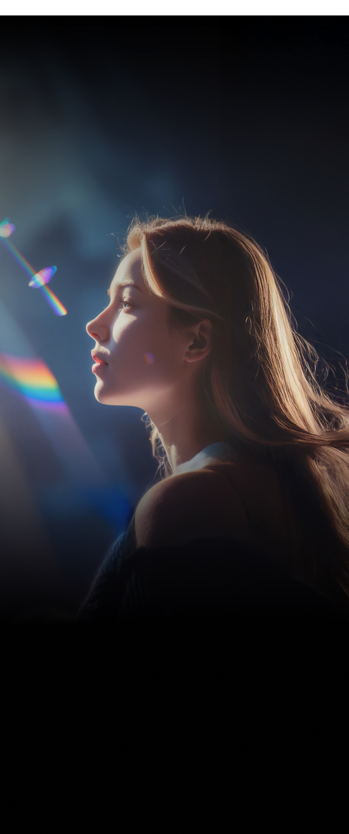 صورة مصممة بالذكاء الاصطناعي لشخص بشعر طويل ينساب يقف أسفل إضاءة مسرح درامية مع توهجات عدسة ملونة في الخلفية.