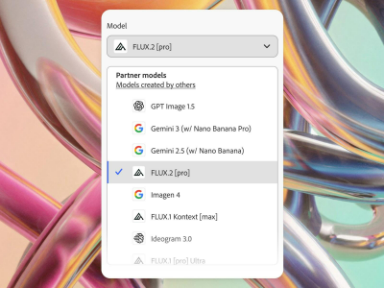قائمة منسدلة لعدة نماذج شركاء للذكاء الاصطناعي متوفرة في Adobe Firefly. تم تحديد FLUX.2 [pro].