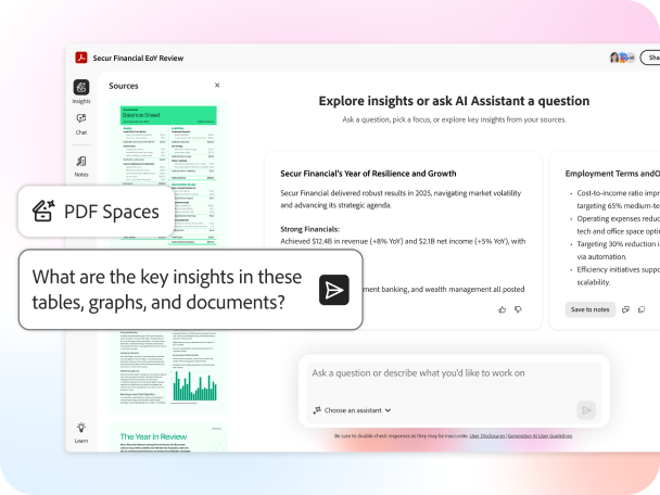 An AI-powered PDF Space with a featured chat bubble requesting key insights.