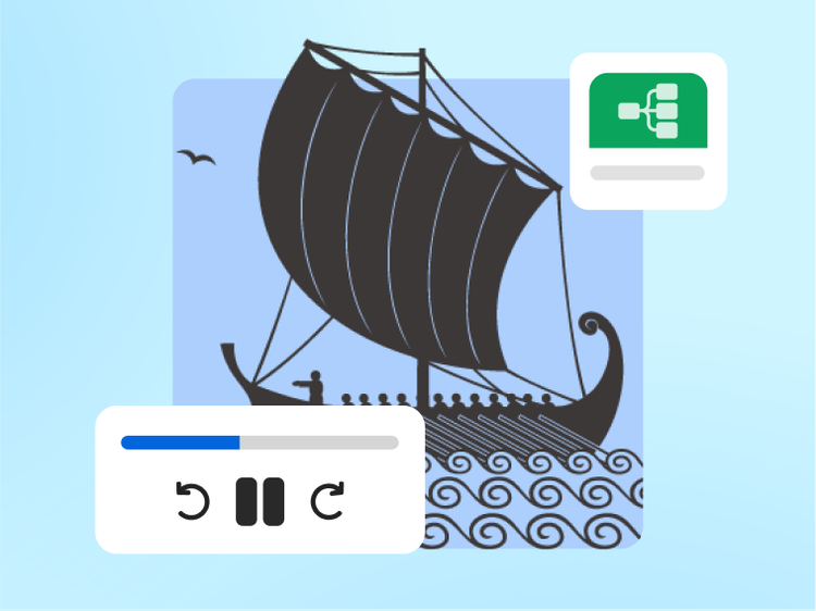 An illustrated ship sailing in rough waters. Icon of an audio progress bar in the lower left. Icon of a mind map in the upper right.