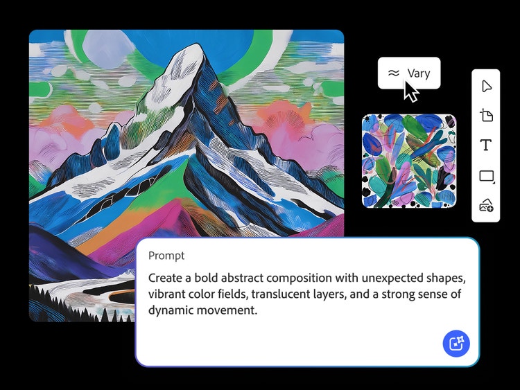 AI generated image of a bold abstract artwork featuring vibrant color fields, layered translucent shapes, and dynamic movement, shown within the Adobe Firefly interface with the "Vary" button and prompt visible.