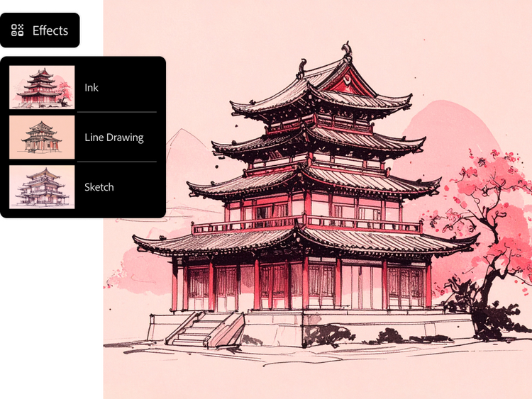 AI generated pencil drawing of Japanese style house in nature with art effects interface in AI drawing generator